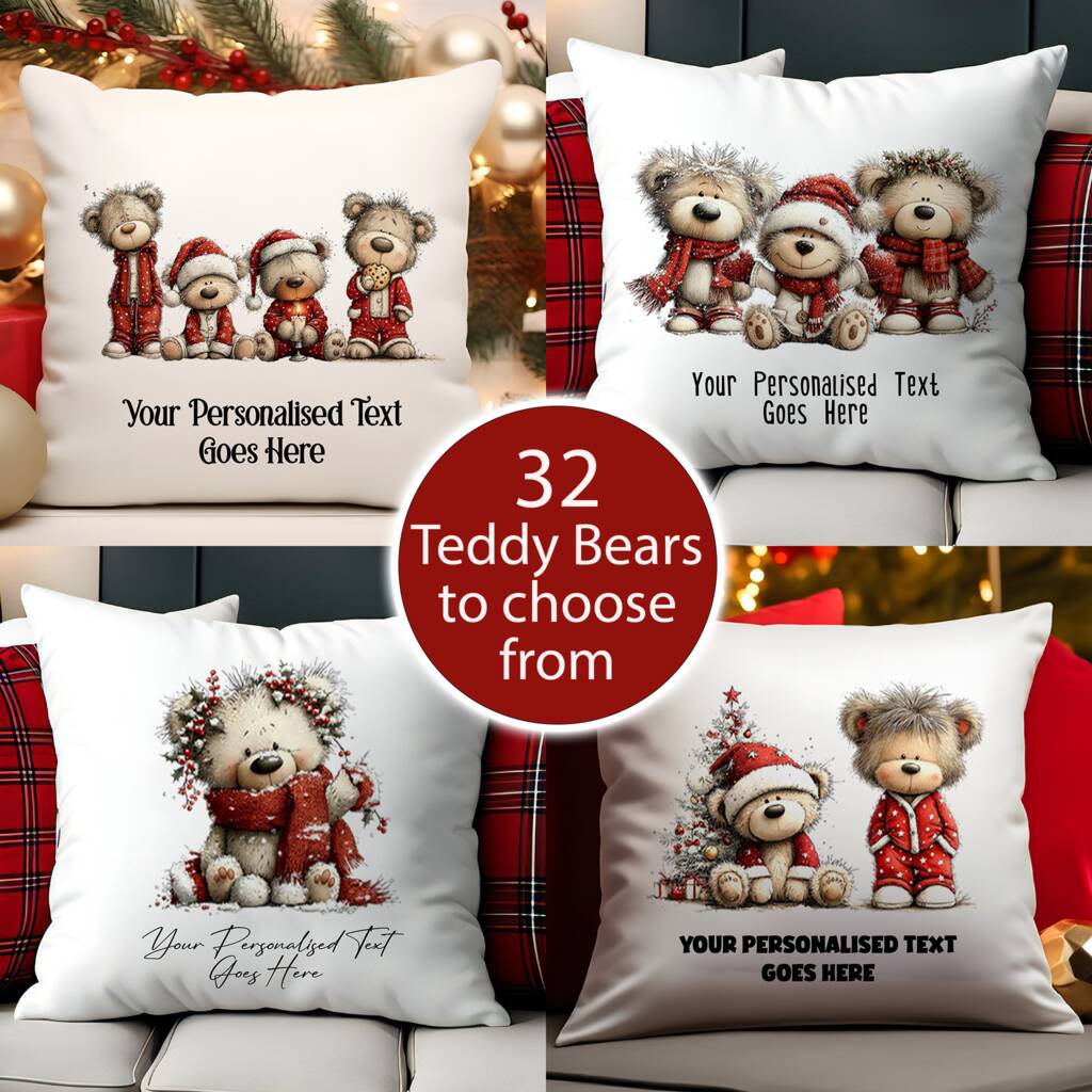 Personalised Christmas Teddy Bear Family Gift Cushion, 1 of 11