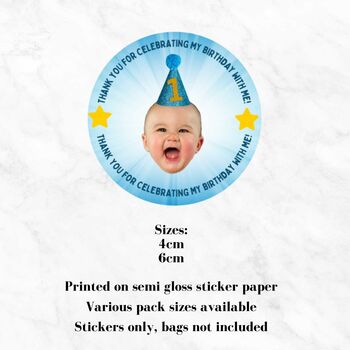 Personalised Party Bag Stickers With Photo And Party Hat, 4 of 5