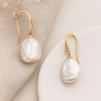 9ct Yellow Gold White Keshi Pearl And Diamond Drop Earrings: Bridal Jewellery – 9mm, 3 of 7