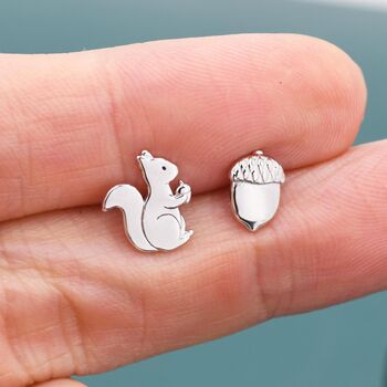 Mismatched Squirrel And Acorn Nut Stud Earrings In Sterling Silver, 3 of 12