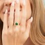 Emerald Round Cut Three Stone Engagement Ring In Sterling Silver And Gold, thumbnail 9 of 12