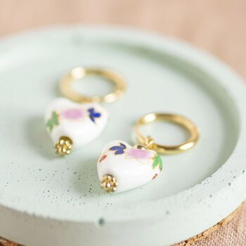 Floral Porcelain Heart Huggie Earrings, 8 of 11