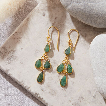 Emerald Carved Gemstone Gold Plated Silver Earrings, 2 of 7