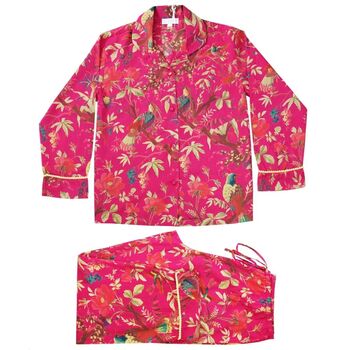 Ladies Hot Pink Birds Of Paradise Print Cotton Pyjamas, 2 of 3