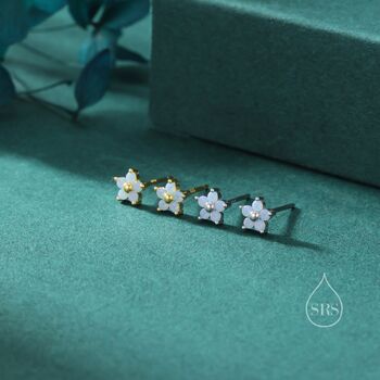 Tiny Opal Blue Cz Flower Stud Earrings, 5 of 12
