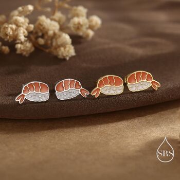 Sterling Silver Enamel Prawn Sushi Stud Earrings, 4 of 12