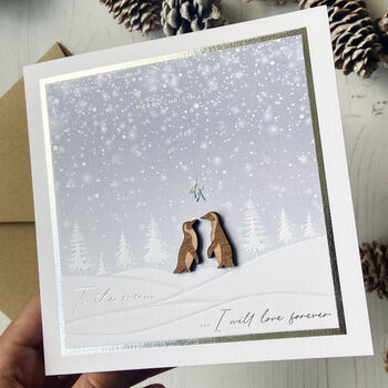 Penguin Couple Mistletoe Snowy Love Christmas Card, 8 of 10