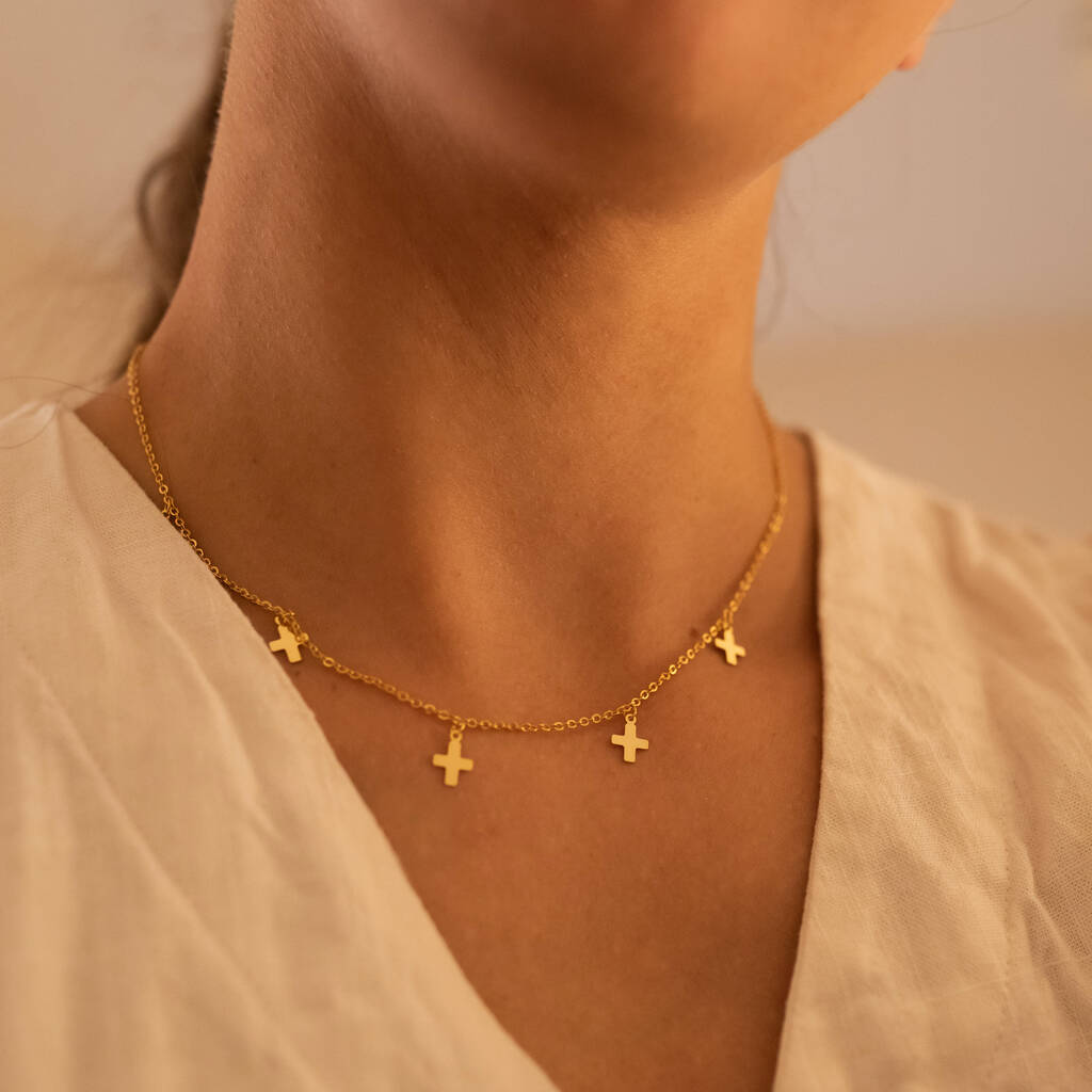 Virgin Mary & Cross Choker Necklace 14K Yellow Gold 16