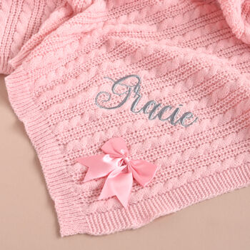 Personalise Dusty Pink Knitted Blanket With Bow, 5 of 7