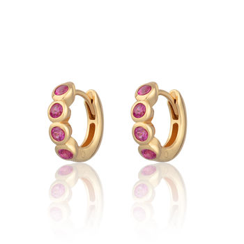 Bezel Huggie Hoop Earrings With Ruby Pink Stones, 2 of 5