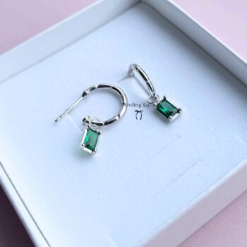 Emerald Charm Earrings In Silver And Gold On Bamboo Hoops, 7 of 7
