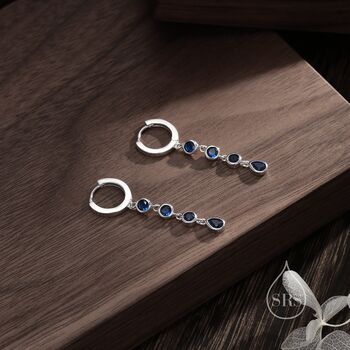 Sterling Silver Sapphire Blue Cz Dangle Chain Huggie Hoop Earrings, 5 of 12