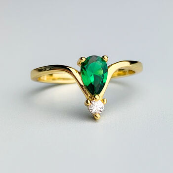 Gold Colour Sterling Silver Green Crystal Adjustable Ring, 2 of 7