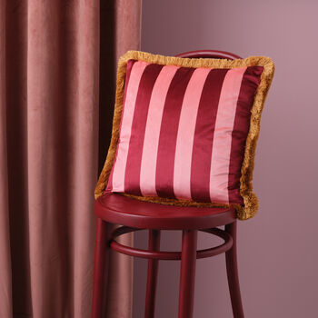 Trapeze Boy Double Sided Velvet Cushion Deep Berry Red And Stripes, 2 of 6