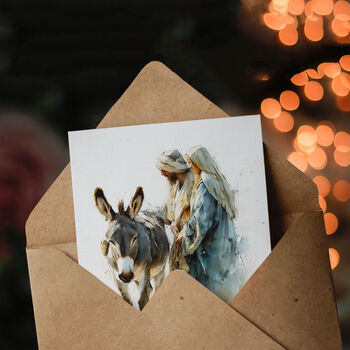 Mary Joseph And Donkey Watercolour Drawing Christmas Card, 3 of 6