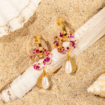 18 K Gold Plated Hoop Earrings With Flower And Pearl Drop, 4 of 11