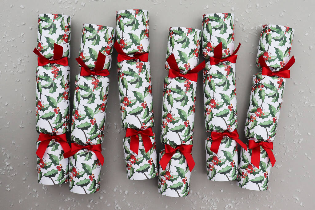 Six Luxury Green Holly Christmas Crackers, 1 of 3