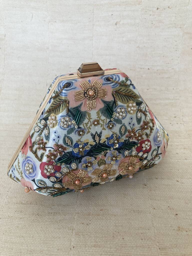 Multicoloured Blue Handcrafted Pearl Floral Clutch Bag, 1 of 10