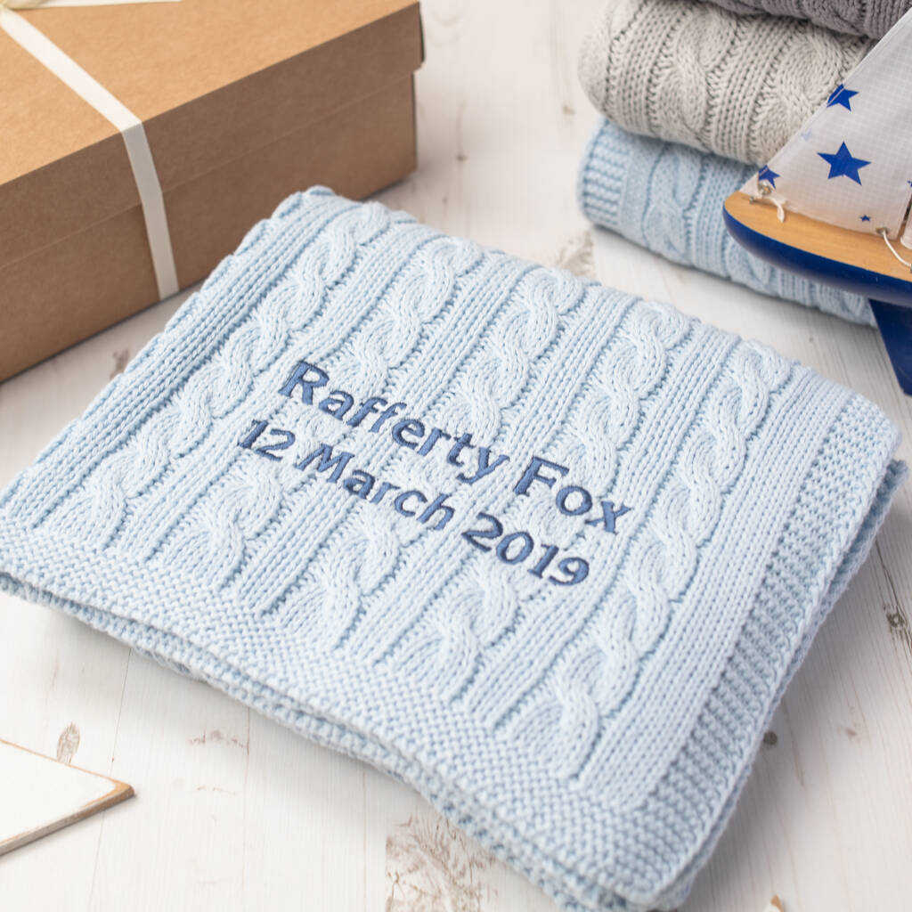 Luxury Boys Pale Blue Cable Baby Blanket, 1 of 9