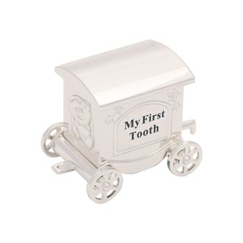 Silverplated First Tooth And Curl Set Train With Two Carriages Baby Gift, 7 of 10