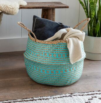 Turquoise And Natural Seagrass Belly Basket, 2 of 2