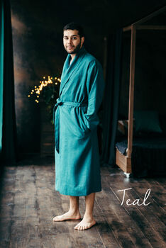 Navy Linen Robe For Men, 5 of 12