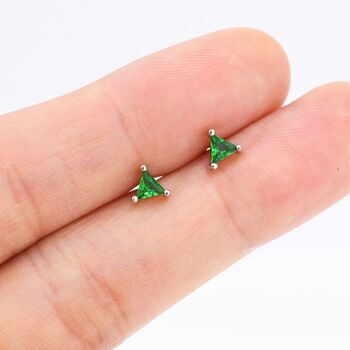 Sterling Silver Emerald Green Cz Triangle Stud Earrings, 5 of 11