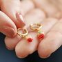 Enamel Strawberry Huggie Hoop Earrings In Gold Plating, thumbnail 3 of 6