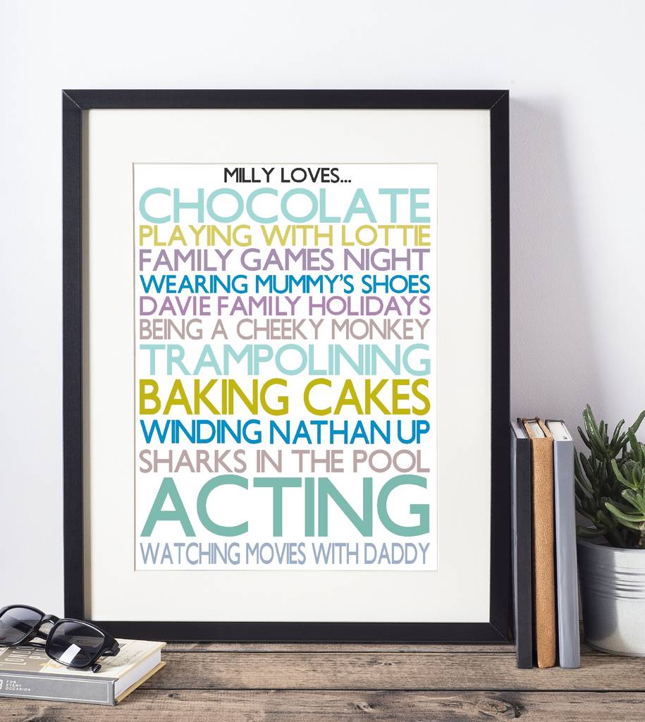 personalised 'favourite things' framed print by rael & pappie