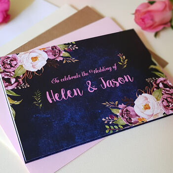 Pink Floral On Navy Wedding Invitations, 4 of 5