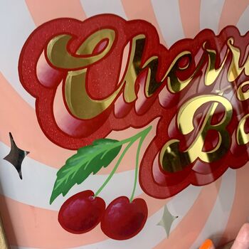'Cherry Bomb' Reverse Glass Gold Leaf Wall Art Sign, 12 of 12