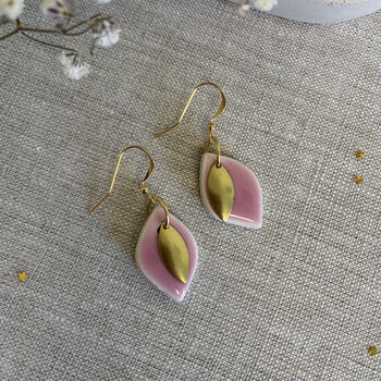Handmade Baby Pink Ceramic Leaf Earrings Gold Plated, 2 of 8