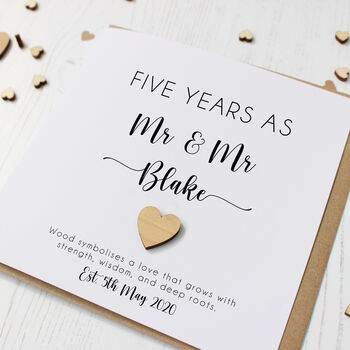 Personalised 5th Wedding Anniversary Card With Wood Heart, 2 of 8