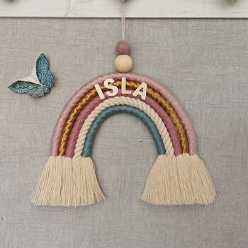 Personalised Rainbow Macrame,Gold Sparkle Wall Hanging, 7 of 12