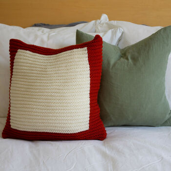 Hand Knit Colourblock Cushion In Rust And Ivory, 5 of 6
