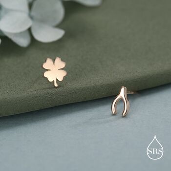 Mismatched Wishbone And Clover Leaf Stud Earrings In Sterling Silver, 5 of 12