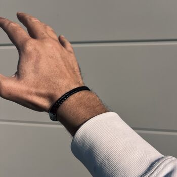 Mens Black Adjustable Leather Bracelet With Silver Accents, 3 of 6