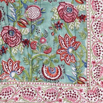 Turquoise, Pink And Burgundy Floral Indian Block Printed Cotton Bed Quilt, 6 of 9