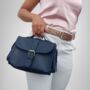 Small Leather Crossbody Satchel Handheld Handbag Dark Navy Blue With Side Pockets, thumbnail 2 of 8