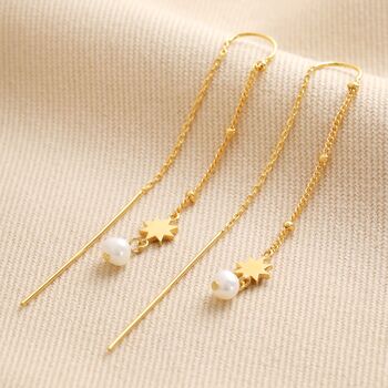 Thread Through Star And Pearl Chain Earrings In Gold, 2 of 7