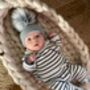 Embroidered Rose Gold Single Pom Pom Knitted Baby Hat, thumbnail 5 of 6