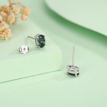 Sterling Silver Moss Agate 4x6mm Oval Stud Earrings, 6 of 11