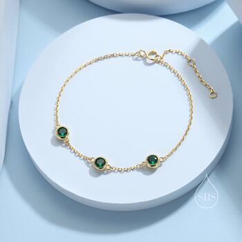 Sterling Silver Extra Tiny Emerald Green Cz Trio Bracelet, 3 of 10