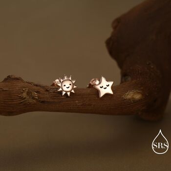 Tiny Mismatched Sun And Star Stud Earrings In Sterling Silver, 2 of 12
