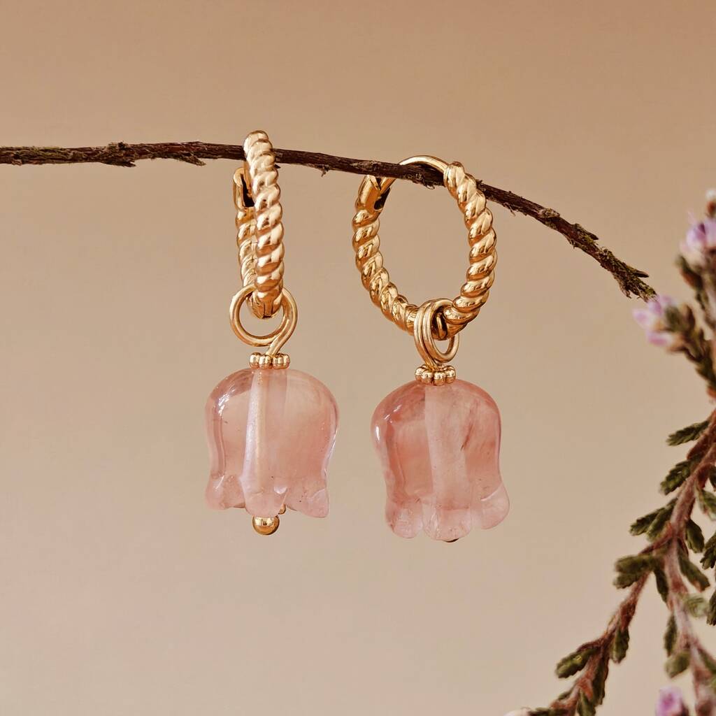 Natural Rose Quartz Lily Twisted Huggie Hoop Earrings, 1 of 10