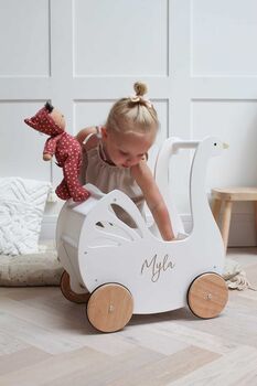 Personalised Kids Swan Wooden Push Along Toy Pram, 5 of 12