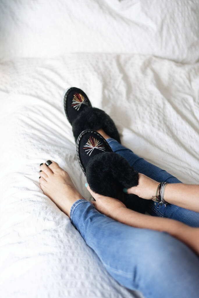 navy sheepskin slippers
