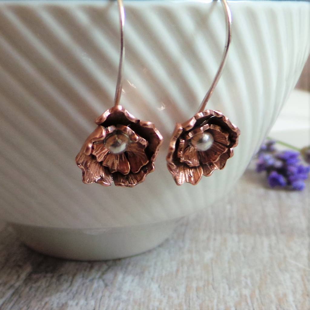 Copper Flower Drop Earrings By Shropshire Jewellery Designs