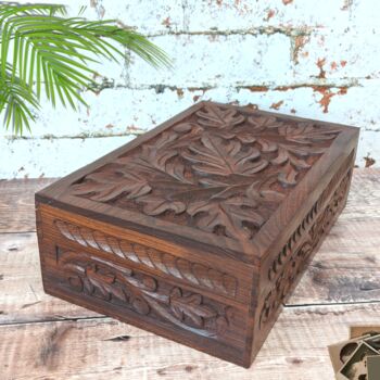 Wooden 5th Anniversary Gift For Her; Oak Leaf Floral Carved Wooden Box Large, 2 of 11