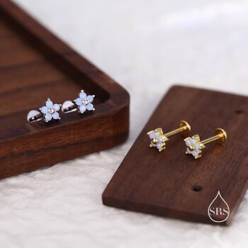 Tiny Opal Blue Cz Flower Stud Earrings, 7 of 12